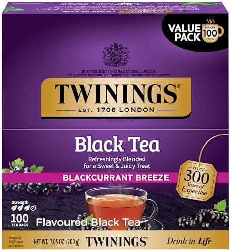 Twinings Blackcurrant Breeze Black Tea Individually Wrapped Bags, 100 Count (Pack of 1), Sweet, Tangy Taste, Caffeinated, Enjoy Hot or Iced, 100 Teabags