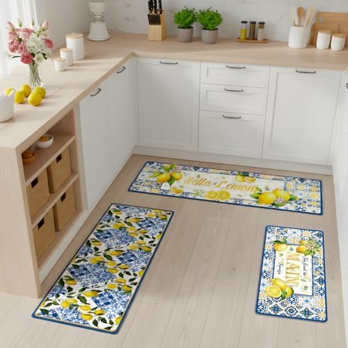 Lemon Kitchen Rugs, Yellow and Blue Lemon Print Kitchen Mats