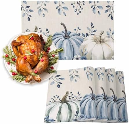 Fall Placemats Set of 4, White Pumpkin Place Mats Blue Pumpkin Eucalyptus Leaves Floral Tablemats Harvest Thanksgiving Placemat Table Decor for Kitchen Table Holiday Dinner Party Autumn Home Decor