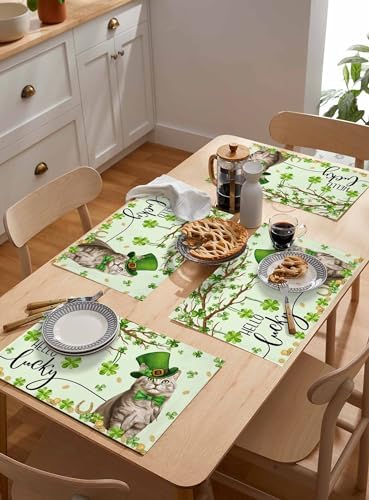 Lucky Cat St. Patrick's Day Placemats Set of 6, Green Spring Shamrocks Tree Heat Resistant Washable Dining Table Mats Spring Holiday Farmhouse Decor for Kitchen&Table Linens Outdoor Indoor