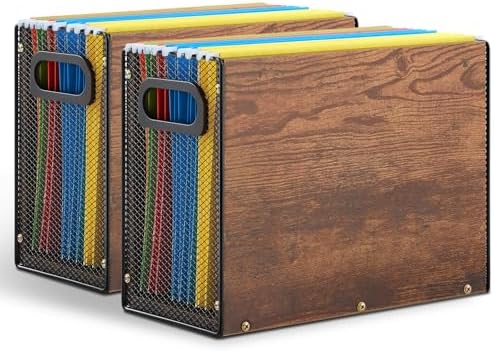 AmazingSpark Wooden Hanging File Organizer Box, 2 Pack Desktop Filing Box with Handles, Solid Wood & Metal File Organizer for Letter Size Hanging Folders, Home Office Storage Decor