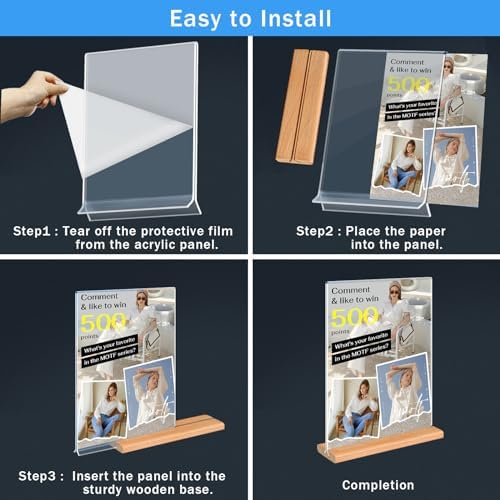 Kersally Acrylic Sign Holder 6 x 4, 3 Pack Double-Sided Clear Table Display Stands with Wood Base,Horizontal Acrylic Frame Menu Flyer Paper Holder for Store, Restaurant, Hotel, Office, Show Fair