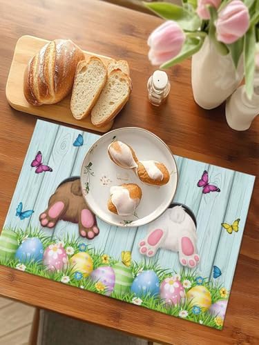 Spring Easter Placemats Set of 4, Funny Bunny Tails Rabbit Heat Resistant Washable Dining Table Mats Floral Farmhouse Decor for Kitchen&Table Linens Outdoor IndoorOutdoor Indoor