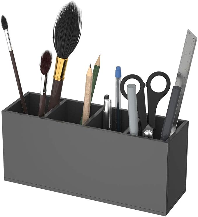 NIUBEE Acrylic Pen Holder 4 Compartments, Black Pencil Organizer Cup for Countertop Desk Accessory Storage (Black) | Scratch-resistant thick acrylic with 4 slots for pens, pencils, makeup brushes, office, vanity and school use