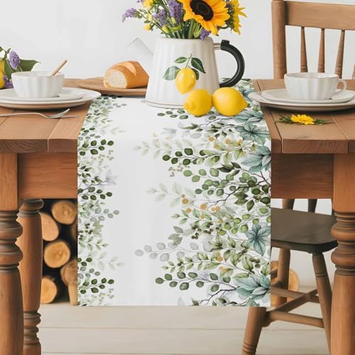 Green Eucalyptus Leaf Table Runner Dresser Scarf 13 x 120 Inch Farm Sage Green Orange Leaves Branch Table Runners Non-Slip Heat Kitchen Dining Tabletop Cover for Indoor Outdoor Home Party Decoration