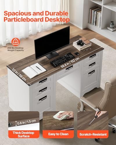 VEVOR 60" Executive Desk with Drawers, Farmhouse Home Office Desk with Charge Station, Keyboard Tray, File Storage Cabinet, 200 LBS Load Capacity Wood Table, Easy Assembly, for Work Study, Walnut