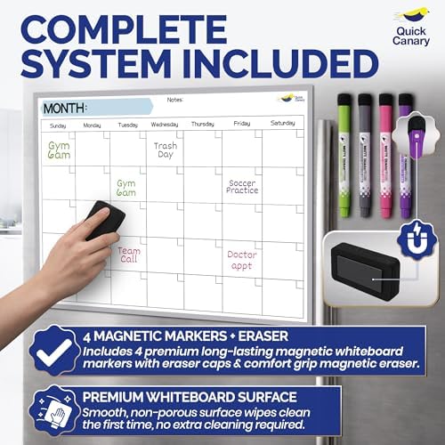Large Magnetic Calendar for Refrigerator, Dry Erase Whiteboard Magnet | 17x12" Stain-Resistant Surface, Strong Full-Back Magnet, Sunday-Start Monthly Planner for Meals & Chores, 4 Markers & Eraser