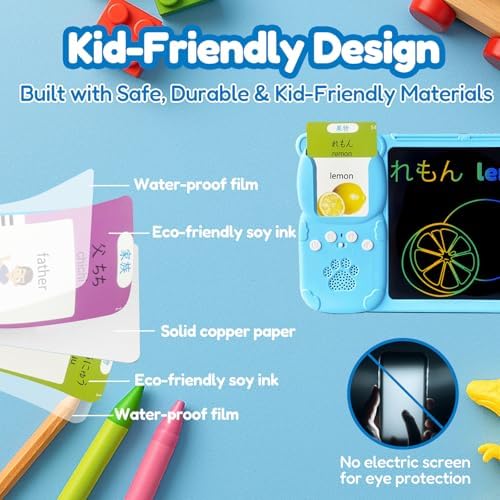 Writing Tablet with Bilingual Flash Cards for Kid, Japanese Blue