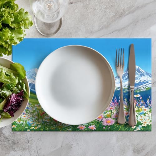 Batmerry Serene Environment Alpine Ry Linen Placemats Set of 8, Blooming Flora Mountainous Terrain Washable Table Mats for Kitchen Table Thickened Heat Insulation Dining Set Indoor Outdoor 12X18 in