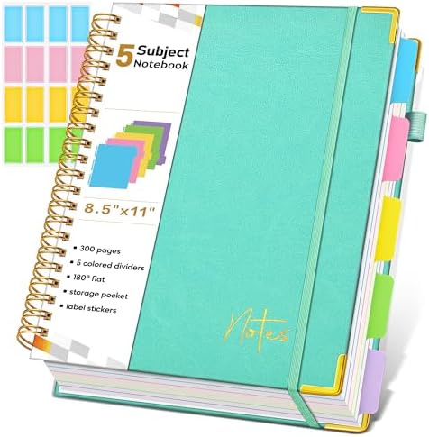 Spiral Notebook Journal with Removable Dividers Tabs, 300 Pages Hardcover Leather 5 Subject College Ruled Notebook, 8.5"x11" Large A4 Lined Journal for Women Men, Spiral Notebook for Work School,Teal
