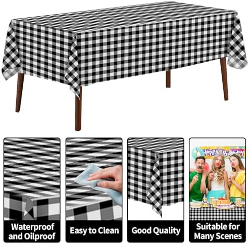 CXPSINC 54 Inch X 100 Feet Plastic Table Cover Roll Disposable Tablecloth with Slide Cutter for All Type/Shape Tables | Party, Banquet, Birthdays, Weddings(Black Checkered, 100 Feet)