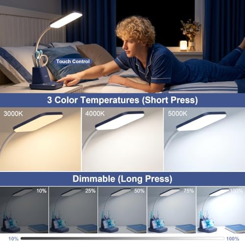 LED Desk Lamp with 10W Wireless Charging & Pen Holder, Navy Blue