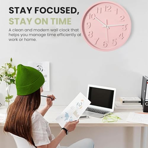 Clockswise 12-Inch Modern Minimalist Round Plastic Wall Clock Pink Dial with Bold Arabic Numerals Analog Display Step Movement Easy-to-Read Timepiece for Living Room Kitchen Office Bedroom Wall Decor