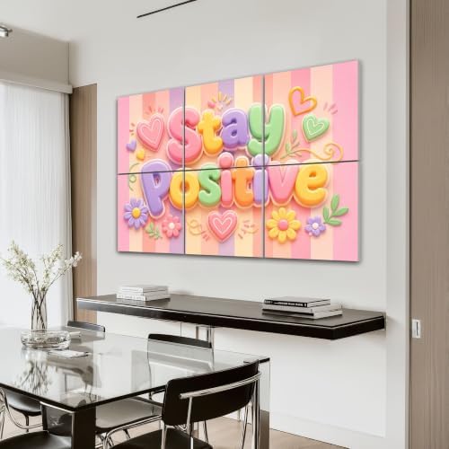 6 Pack Art Acoustic Panels Sound Absorbing Stay Positive Pastel Typography Hearts Flowers Striped Decorative Soundproof Wall Panels Self Adhesive for Home Recording Studios 72"x48"