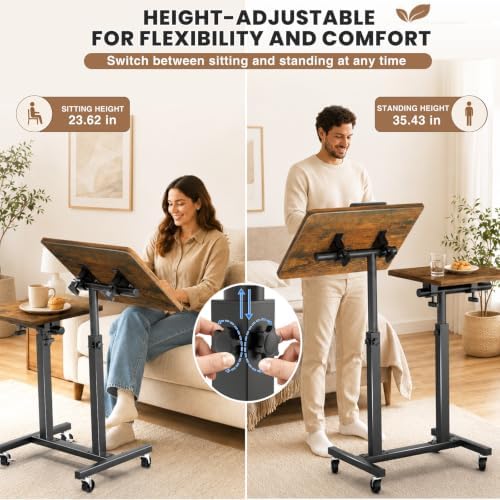 Elowen Rolling Laptop Desk with Wheels, Double-Pole Portable Overbed Table