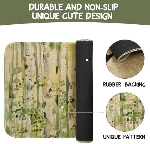 Spring Summer Farmhouse Kitchen Rugs and Mats Set of 2,Green Watercolor Birch Trees Enchanted Forest Non Slip Washable Floor Sink Mats Decorations for Home Kitchen 18"x48"+18"x30"