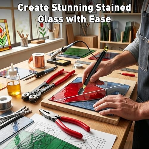 23Pcs Stained Glass Tools Kit, Glass Cutters Tools with Wheeled Glass Nippers,Running & Grozer Pliers, 2-20mm Glass Cutters with Oil, Safety Gloves & Rich Accessories-For Mosaic,Tile,Fusing,DIY Crafts