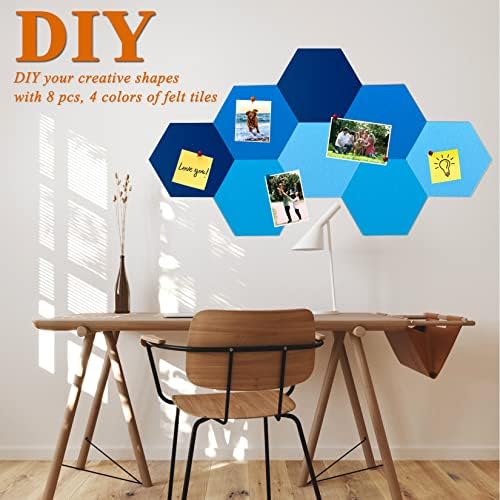 8Pcs Hexagon Felt Cork Board Tiles, Self Adhesive DIY Bulletin Board Pin Board for Office School Home Wall Decor Stickers Memos Photos Display (Gradual Blue)