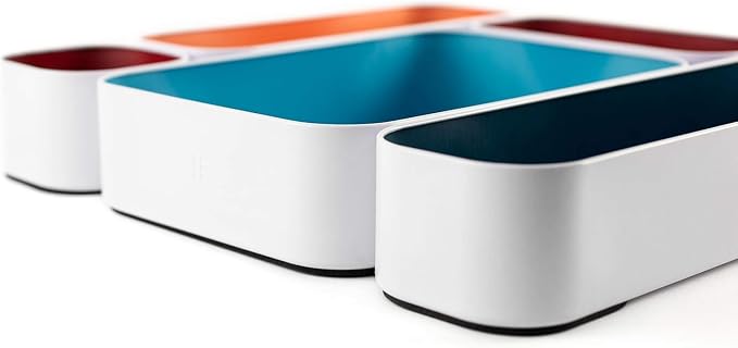 Three by Three Seattle Metal Drawer Organizer Tray Set, 5-Pc, 2" (Blue) | Deep 2" food-safe metal bins; soft non-scratch base; perfect for kitchen utensils, tools & bulkier drawer items