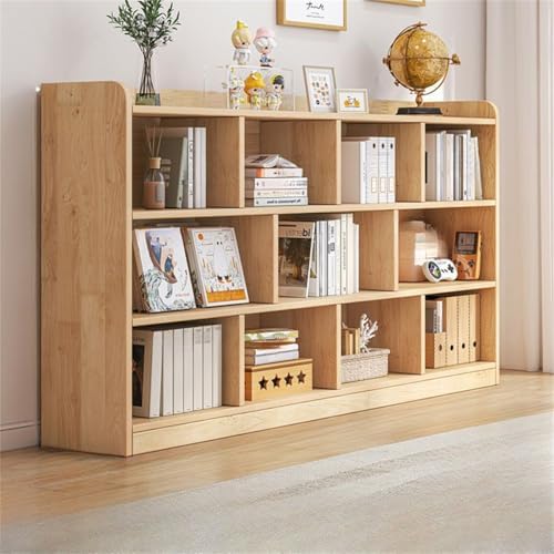 Unfinished Color Pine Book Rack 2/3/4-Tier Storage Solid Wood Cabinet, Pine Wood Storage Shelving Unit 8-Compartment Square Grid Cabinet Low Bookshelf Natural Finish 63" L x 9.4" W x 47.2" H