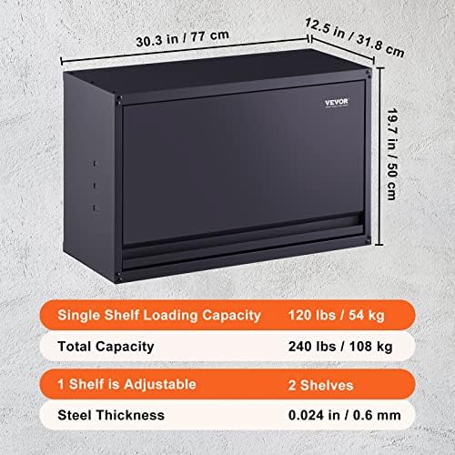 VEVOR Metal Storage Cabinet, 120lbs Load Capacity per Shelf, 20'' Tall Wall-Mounted Powder-Coating Steel Garage Cabinet with Adjustable Shelf, Press to Close & Open Door Perfect for Office Garage Tool