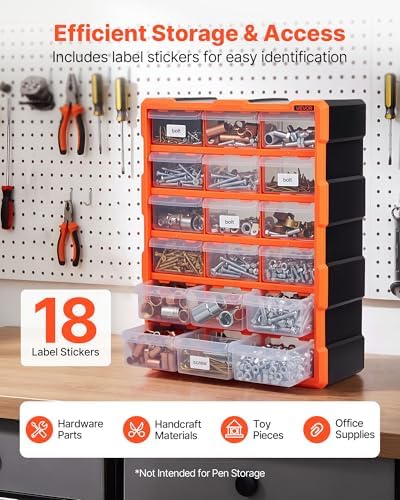 VEVOR 18-Drawer Storage Organizer, Plastic, Drawer Storage Cabinet for Garage Organization, Stackable Small Parts Organizer, Wall-Mounted Toolbox, for Hardware, Beads, Screws, Crafts, Building Bricks
