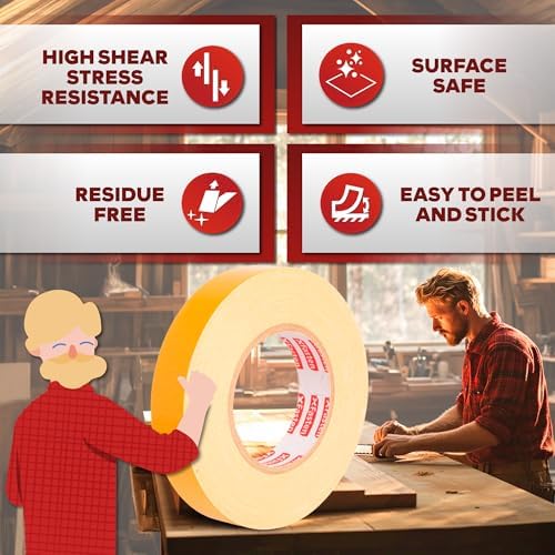 XFasten Double Sided Woodworking Tape 1 Inch x 108 Feet (3-Pack), Residue-Free, Removable Double Sided Woodworking Masking Tape for Wood Template, Mounting Boards MDF Edge Banding, Routing, Anchoring