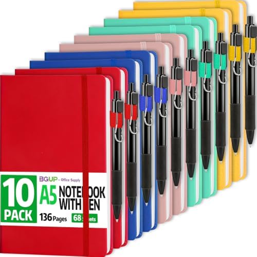 10 Pack Lined Journal Notebook with Pen, A5 Hardcover Leather Journal 5.5"*8.3", 5 Colors 136 Pages College Ruled Notebooks and Pen Set for Office School Business Supplies