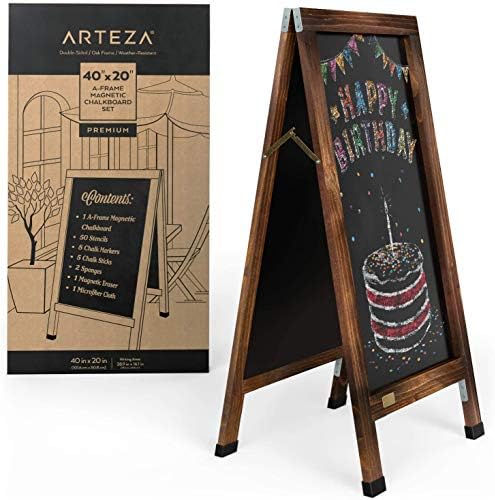 Arteza 40x20 Inch A-Frame Chalkboard Easel Set, Outdoor Chalkboard Sign with Chalk Sticks, Chalk Markers, Erasers, and Stencils, Standing Sign, Office Supplies for Businesses, Announcements & Events