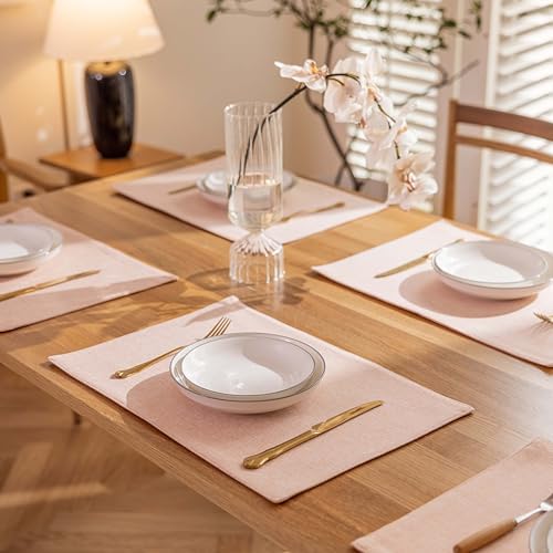 Demetex Pink Placemats Set of 4 Heat Resistant Linen Plate Mats Washable Cloth Place Mats for Dining Tables Restaurants, 13 x 19 inches, Pink