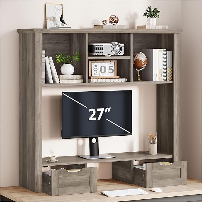 Desk Shelf with Computer Monitor Stand, 37.4''W Desktop Bookshelf | Display Rack, Desktop Organizer Storage Rack with Cubbies & Drawers, 5-Tier Hutch for Home, Office, Dorm, Vanity, Grey