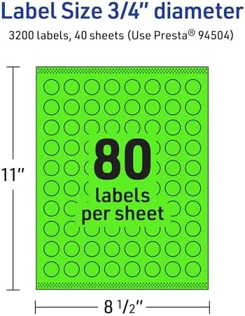 Avery Printable Round Labels, Sure Feed Technology, 3/4" Diameter, Neon Green Labels, Print-to-the-Edge, Laser/Inkjet, 3,200 Total, Great for Price Stickers and Mailing Seals