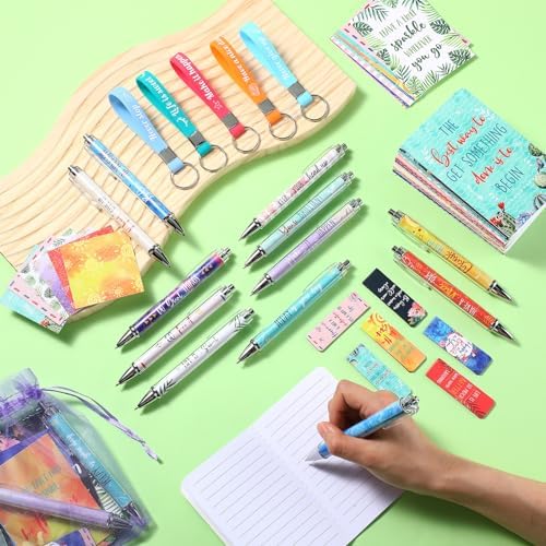 Pasimy 218 Pcs Inspirational Stationery Gifts Motivational Mini Notepad Pen Quote Bookmarks Stress Relief Stickers Inspiring Silicone Keychains for Home Office Appreciation Gift(Plant)