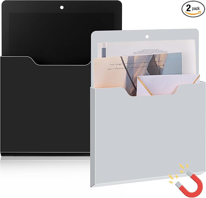 Feifeiya 2 Pcs Magnetic File Folder Wall Hanging Holder Large Pocket Paper Magazine Mail Organizer for Refrigerator Classroom Locker Whiteboard(Vertical,Black Grey,12.2 x 9.4 Inches)