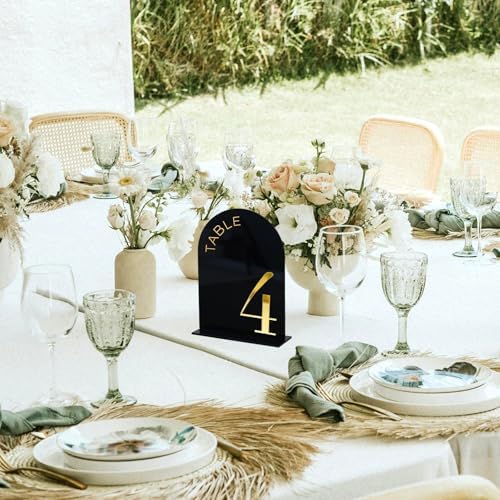 Black Arch Wedding Table Numbers 1-10, Gold Numbers and Stands