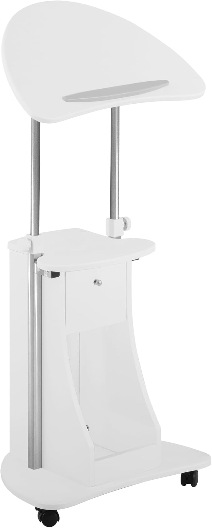 Techni Mobili Adjustable Height Rolling Laptop Cart with Storage, White | Adjustable Height Rolling Laptop Cart with Tilting Top, Storage Shelf, Locking Wheels, Sit to Stand Desk, Mobile Podium,White