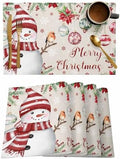 Merry Christmas Placemats Set of 6, Cotton Linen Snowman Table Mats Non-Slip Washable Snowflake Christmas Tree Balls Poinsettia Flower Retro Placemat for Holiday Banquet Dining Kitchen Table Decor
