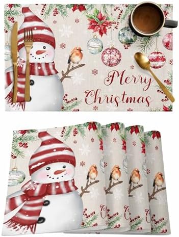 Merry Christmas Placemats Set of 4, Cotton Linen Snowman Table Mats Non-Slip Washable Snowflake Christmas Tree Balls Poinsettia Flower Retro Placemat for Holiday Banquet Dining Kitchen Table Decor