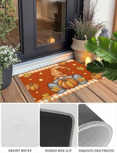 Fall Door Mat Pumpkin Gnome Doormat Maple Leaf Orange Buffalo Plaid Harvest Thanksgiving Welcome Mat Non Slip Rubber Entryway Front Rug Floor Mat for Indoor Outdoor Kitchen Autumn Holiday Decor 16x24