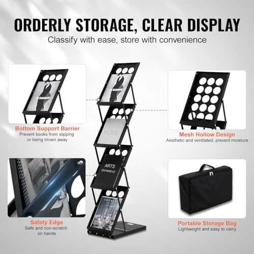VEVOR Foldable Magazine Display Rack, 4-Tier Brochure Literature Display Stand, Portable Catalog Brochure Holder Stand with Carrying Bag for Office Trade Show Exhibitions, 4 Pockets