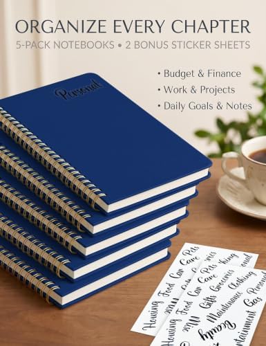 5 Pack Hardcover Spiral Notebooks, 8.3" x 6.3" Lined Journal Set, 100 GSM Bleed-Resistant Paper, 200 Pages Twin-Wire Bound Notebook with Elastic Band & Category Stickers for Office, School