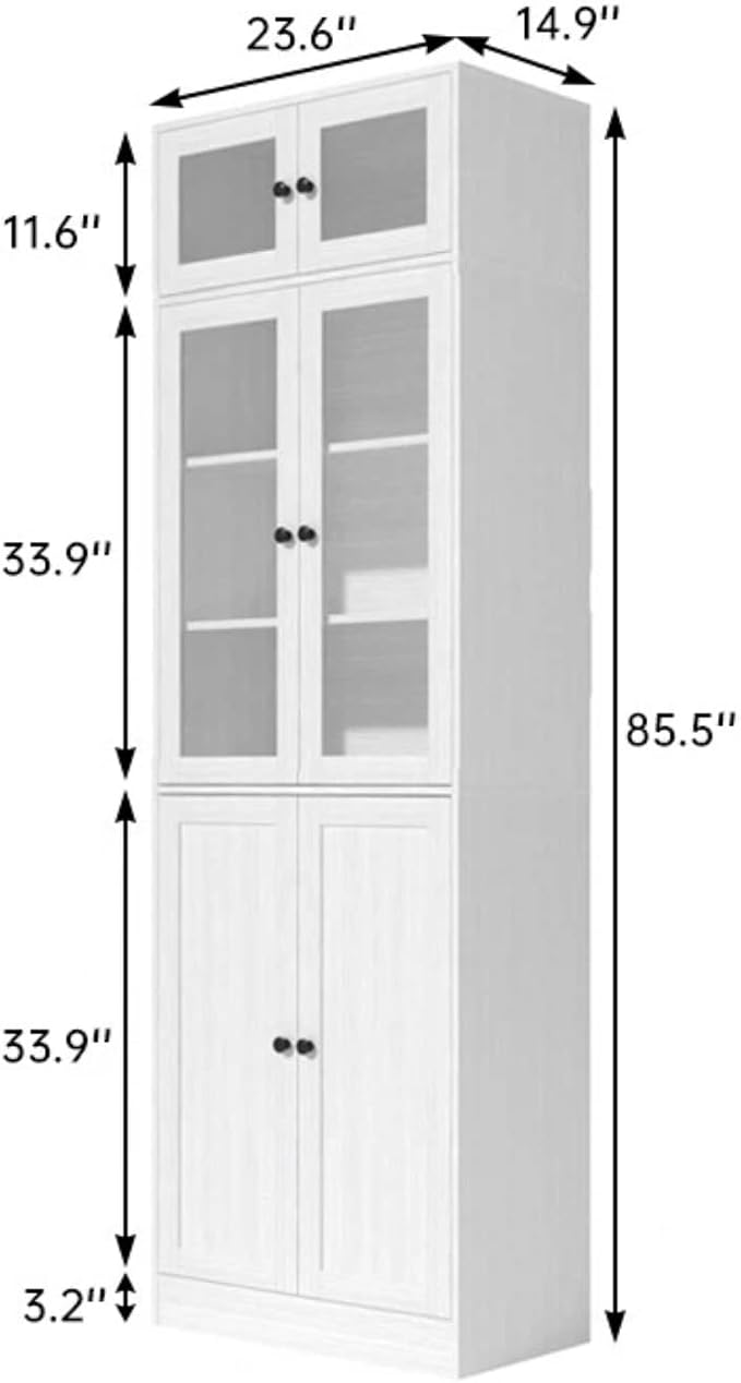 TUSY 85.5" Modern Tall Bookcase with Glass Doors, 7-Tier Wood Bookshelf with Storage for Home Office, Large Curio Cabinet for Living Room, Office, Bedroom, Family Room (White, B)