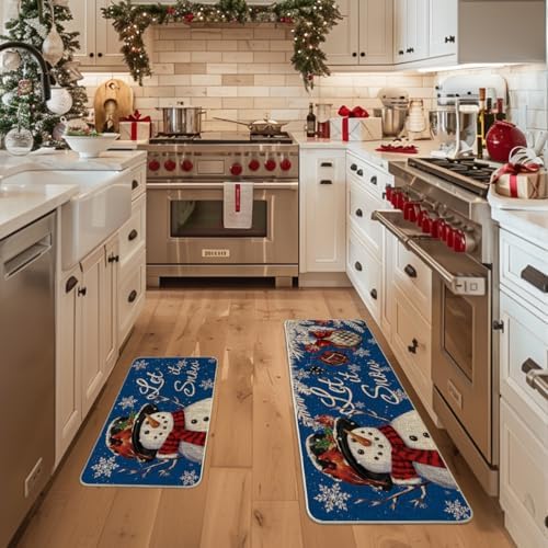Artoid Mode Blue Let It Snow Snowflake Snowman Winter Kitchen Mats Set of 2, Christmas Decor Low-Profile Kitchen Rugs for Floor - 17x29 and 17x47 Inch