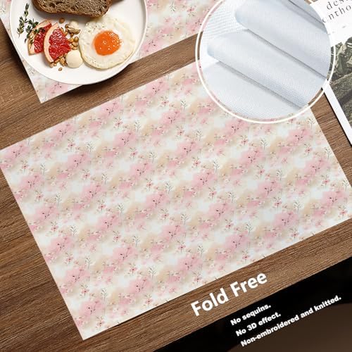 Batmerry Watercolor Cherry Blossom Linen Placemats Set of 4, Light Apricot Flowers Washable Table Mats for Kitchen Table Thickened Heat Insulation Dining Set Indoor Outdoor 12X18 in
