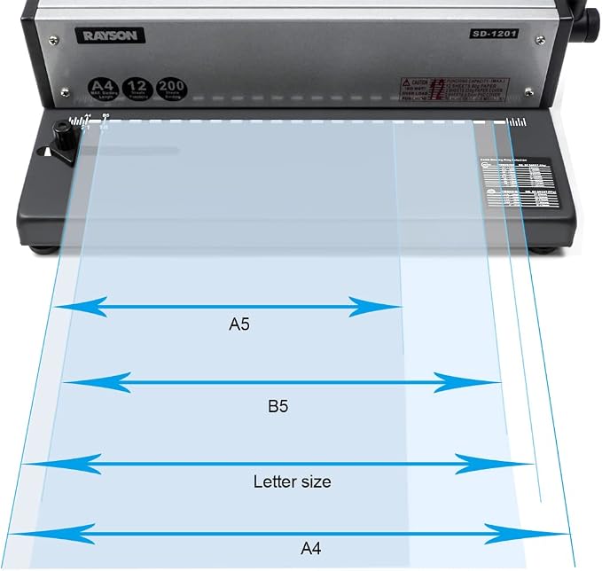 RAYSON SD-1201 21-Hole Comb Binder, 12-Sheet Punch, 200-Sheet Capacity | Manual comb binding machine with a starter comb set, 3-6 mm margin adjustment, and durable metal construction.