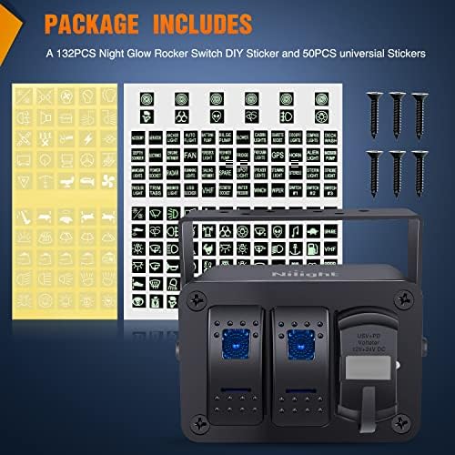 Nilight 2 Gang Rocker Switch Box w/Voltmeter PD Type C and USB Socket