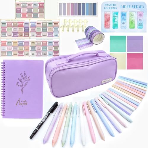 65 Pcs Bible Study Supplies-Bible Journaling Kit for Women,Aesthetic Bible Study Tools with Pencil Case Bible Highlighters Bible Tabs and Pens,Mothers Day Christian Gifts for Women (Purple)