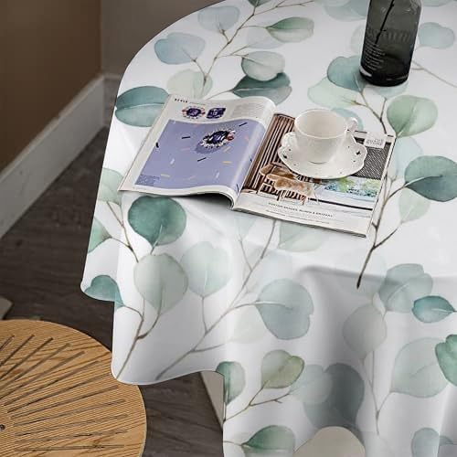 Eucalyptus Leaf Tablecloth, Spring Botanical Sage Green Watercolor Floral Plant Branches Print Table Cloth for Home Kitchen Dining Outdoor Patio Wedding Decor, 70x70in