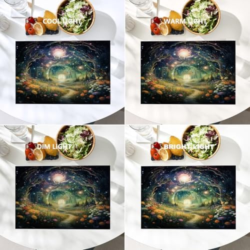 Batmerry Magical Forest Path Glowing Lights Linen Placemats Set of 4, A Mystical Forest At Night Washable Table Mats for Kitchen Table Thickened Heat Insulation Dining Set Indoor Outdoor 12X18 in