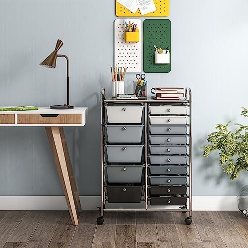 COSTWAY 15 Drawer Rolling Storage Cart, Mobile Utility Cart with Lockable Wheels, Drawers, Multipurpose Organizer Cart for Home, Office, School, Gradient Black
